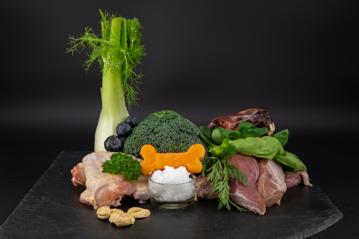 _BRB5138-1 Gemüse, Fleisch , Fett und Nüsse auf einem Tablett angerichtet. Es soll das Barf-Futter eines Hundes zeigen
