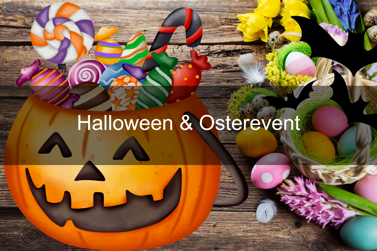 Halloween & Ostern Mann hat Reizangel in der Hand und bewegt diese vor einem Hund, der die Beute an der Angel fangen soll.
